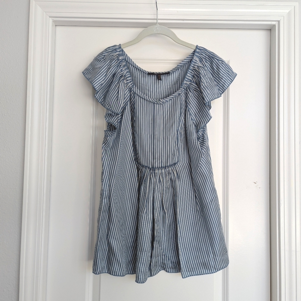 100% Silk BCBGMaxAzria Flowy Pinstripe Flutter Sleeve Blouse Size M